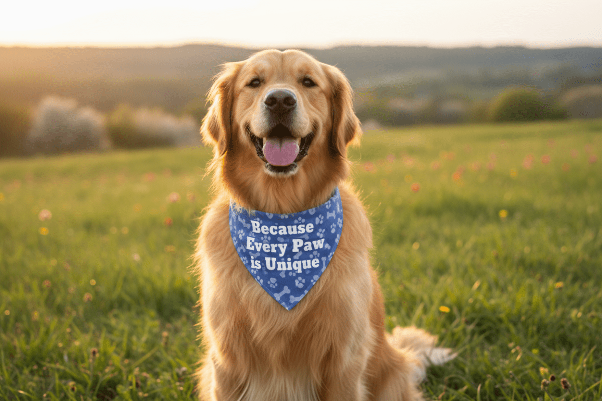 Unique Pet Bandana with 'Every Paw is Unique' Design - PawsFusion-Lifestyle Image